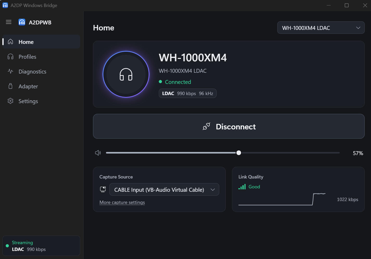 A2DPWB streaming LDAC 990 kbps / 96 kHz to Sony WH-1000XM4 (Home screen)